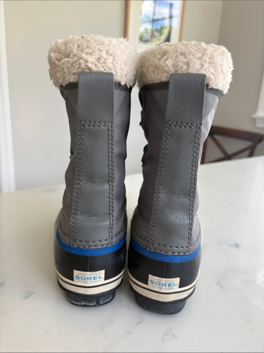 Sorel Kids Grey and Blue Waterproof Winter Boots with Cream Cuff